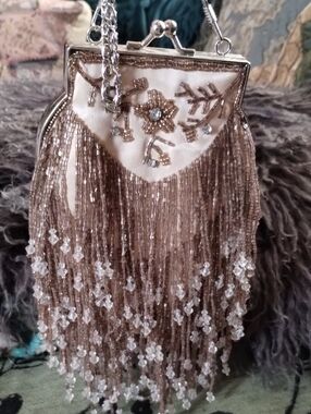 Beaded Fringe Evening Clutch in Champagne Pink